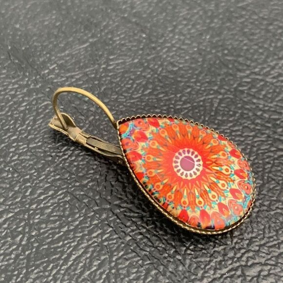 Indian Mandala Boho Glass Earrings - Red Geometric Spiritual Design, Handmade - Picture 5 of 11